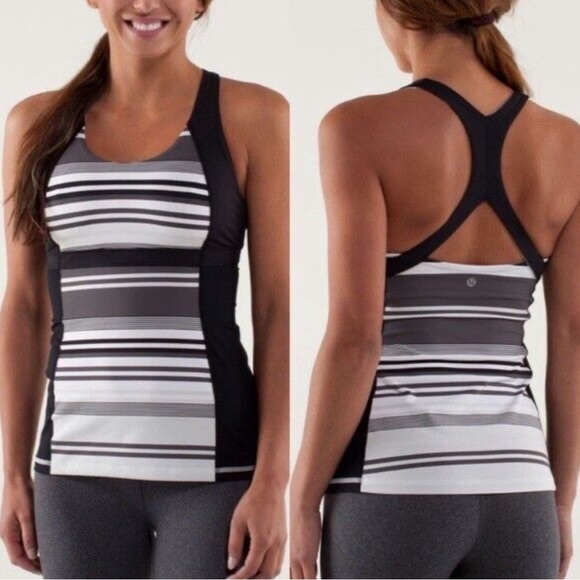Lululemon Athletica  Run Fast Track Black White Stripe Criss Cross Back Size 2 - Picture 1 of 12